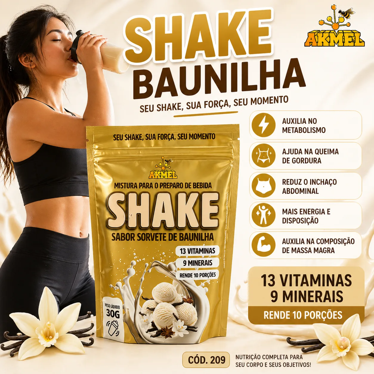 SHAKE AKMEL SABOR BAUNILHA 300g