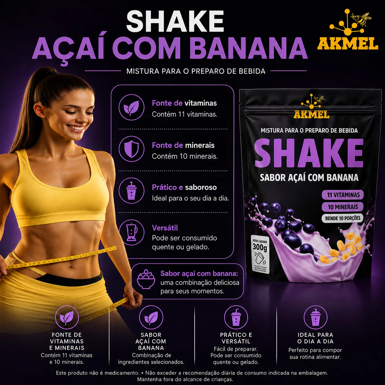 SHAKE AKMEL SABOR AÇAÍ COM BANANA 300g