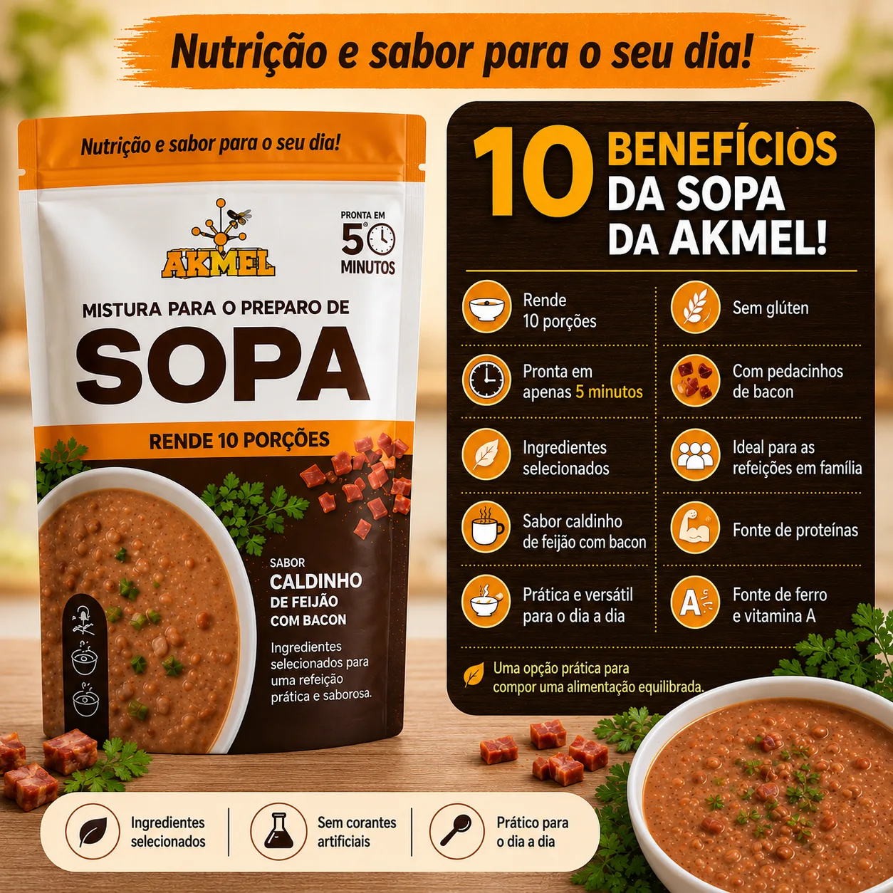 SOPA AKMEL SABOR CALDINHO DE FEIJÃO COM BACON 300g